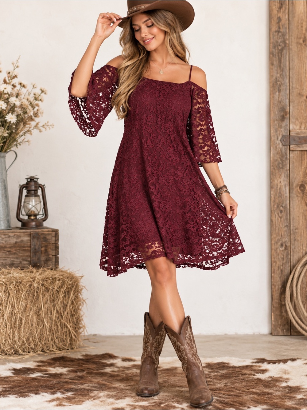 Jody Women’s Country Western Cold-Shoulder Sheath Knee Dress in Burgundy from